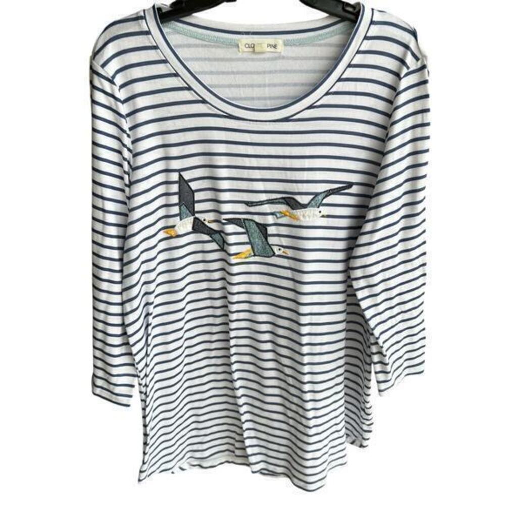 CLOVER + PINE Blue strip embroidered seagulls soft lightweight Beachy top sz XL